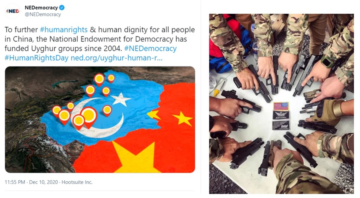 Sources: Screen captures of NED tweet showing “East Turkestan” as separated from mainland China; Altay Defense (Instagram 2020)