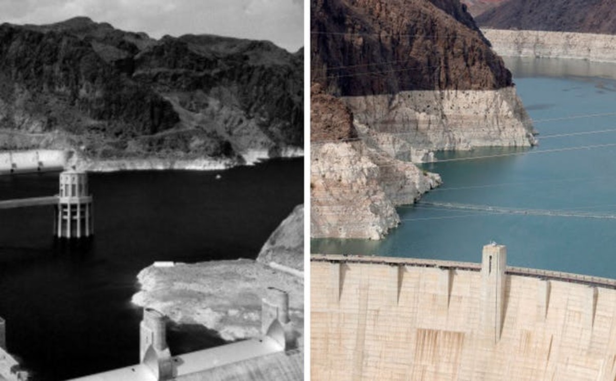 Lake Mead circa 1950, left, and Lake Mead in June 2021. The surrounding cliffs show the substantial drop in water level. William M. Graham/Archive Photos/Getty Images and Ethan Miller/Getty Images