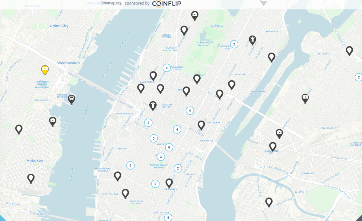 Coinmap map of locations that accept cryptocurrency in Manhatten: https://coinmap.org/view/#/map/40.75658740/-73.99506569/14
