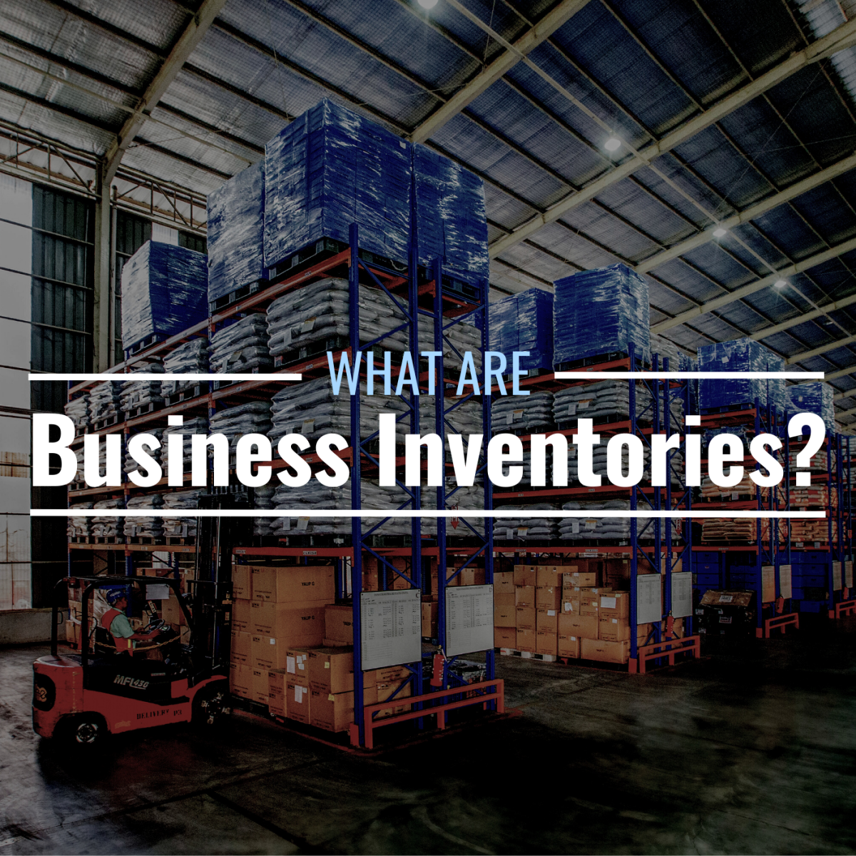 Photo of a warehouse with text overlay that reads "What Are Business Inventories?"
