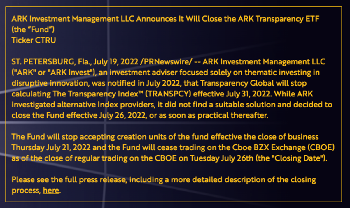 ARK Transparency ETF (CTRU) is closing.