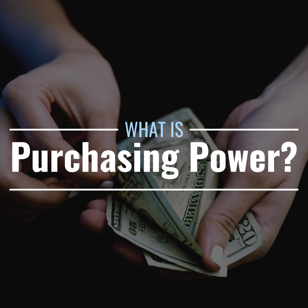 Darkened photo of a pair of hands counting bills of cash with text overlay that reads "What Is Purchasing Power?"