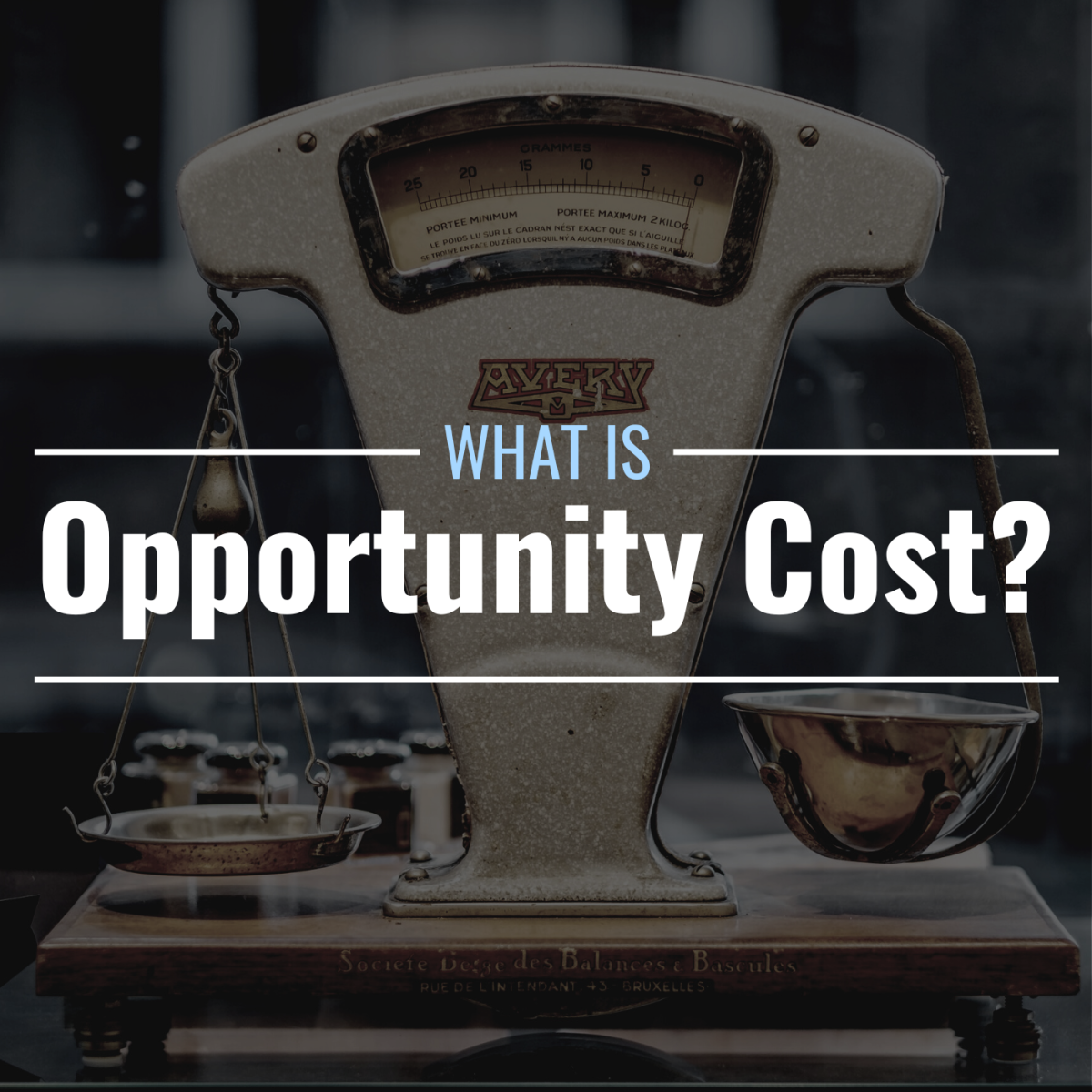 Darkened photo of an antique, 2-sided scale with text overlay that reads "What Is Opportunity Cost?"