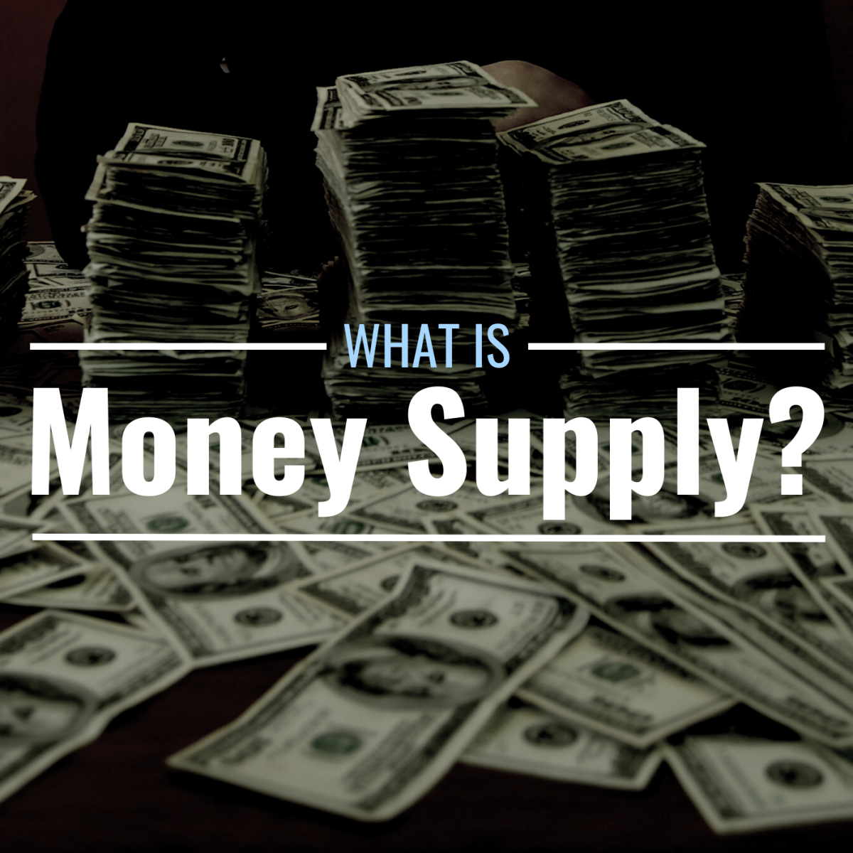 Photo of piles of U.S. dollar bills with text overlay that reads "What Is Money Supply?"
