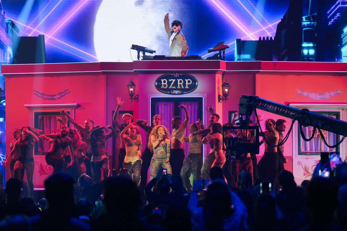 Singer Shakira and producer Bizarrap perform during the 2023 Latin Grammy Awards gala at the Palacio de Congresos de Sevilla on November 16, 2023, in Seville, Andalusia, Spain.