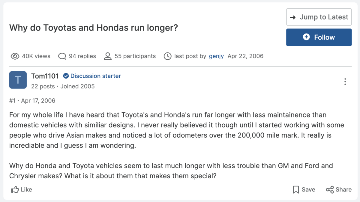 The longestlasting car models (200k+ miles) according to Consumer