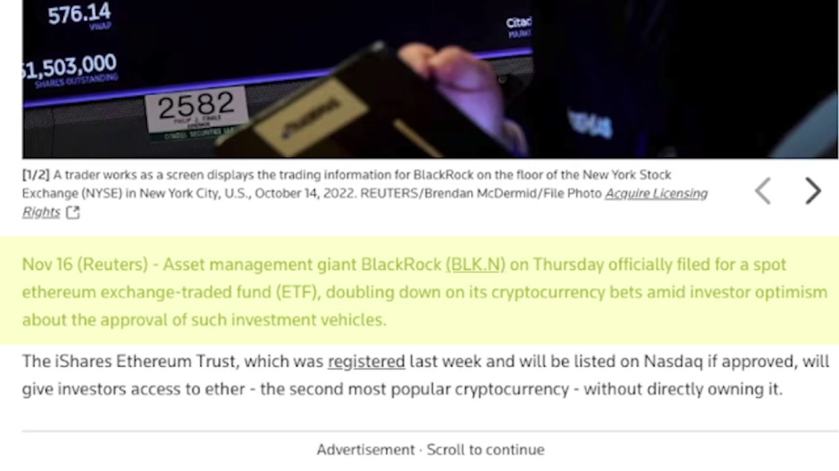 Joe Parys.BlackRock ETH Price