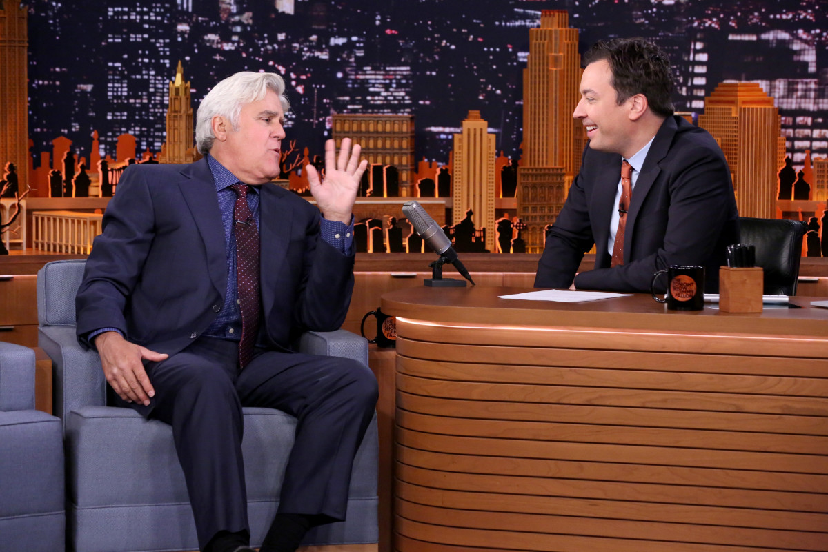 Comedian and former "Tonight Show" host Jay Leno appears on "The Tonight Show" episode 0561 during an interview with host Jimmy Fallon on October 31, 2016.
