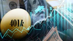 401(k) investment nest egg, on a background showing chart increases and U.S. dollars.