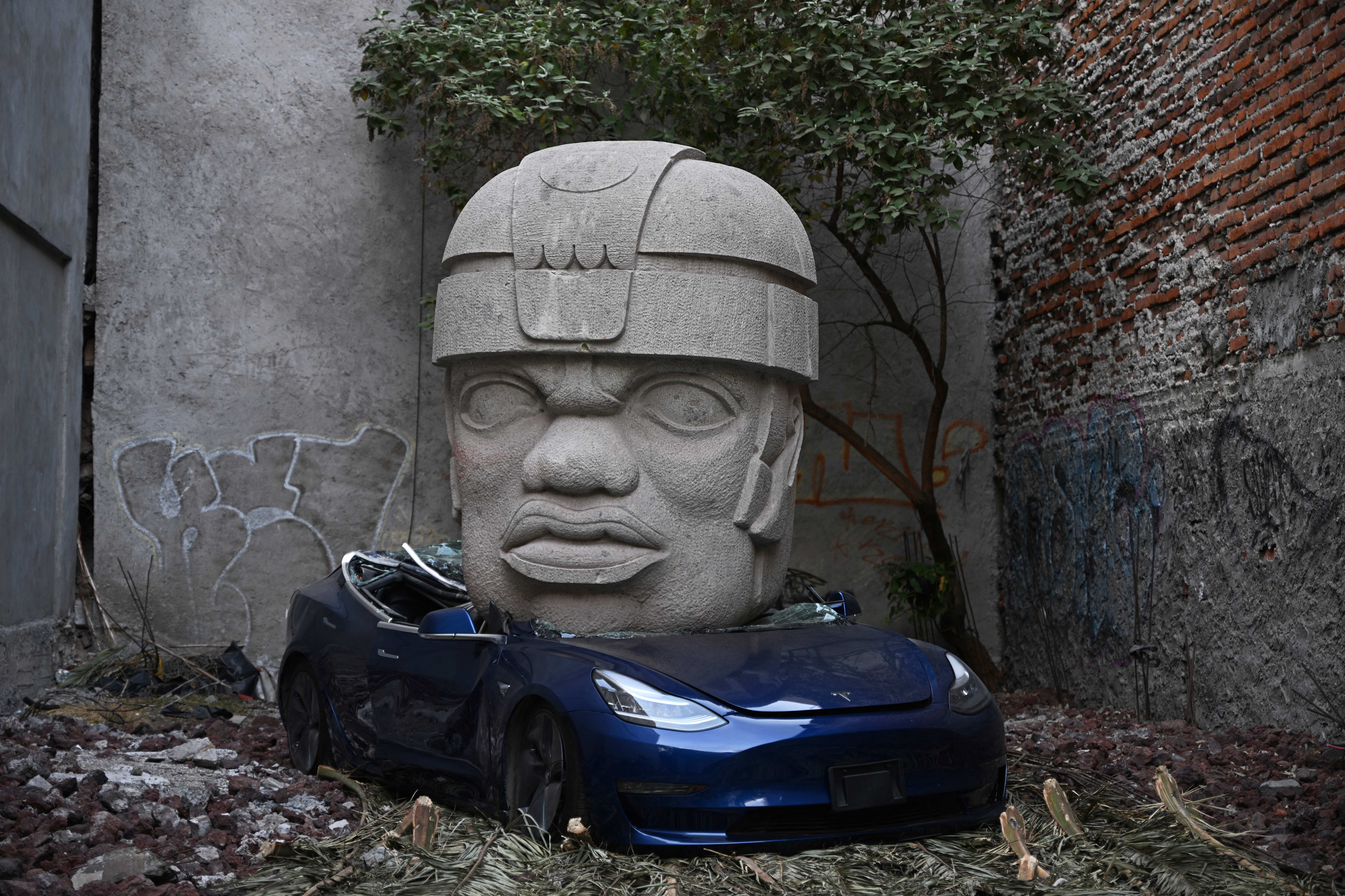 Tesla crushed by giant head — why this artist is trolling Elon