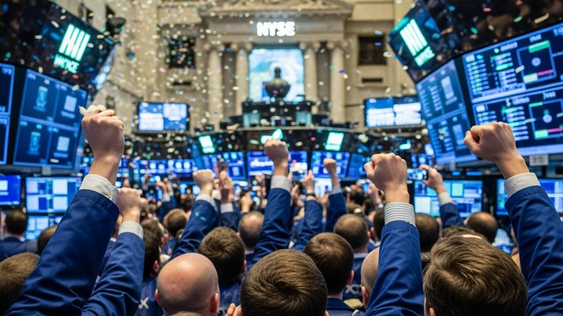 Los comerciantes levantan la mano en el parqué de la Bolsa de Nueva York.