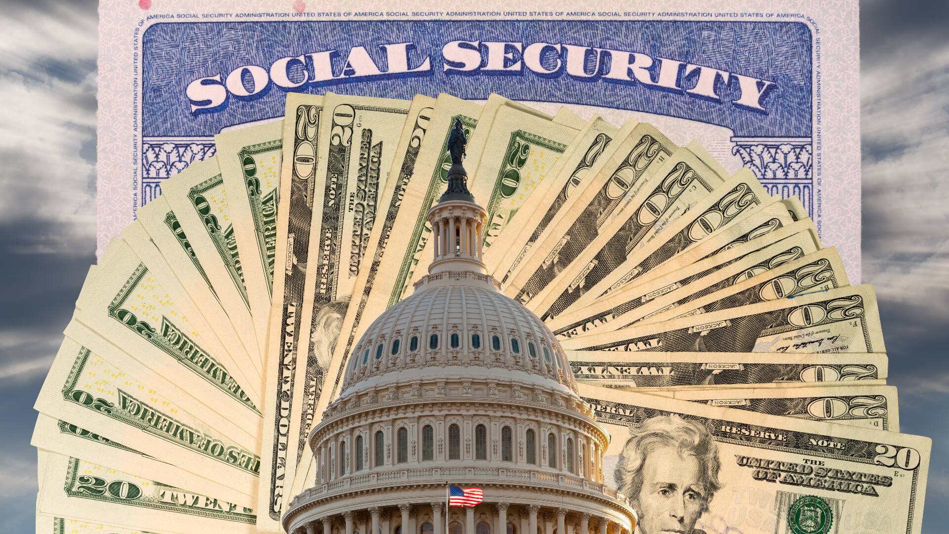 The Capitol building in Washington, D.C. is pictured with $20 bills and a Social Security card in the background.